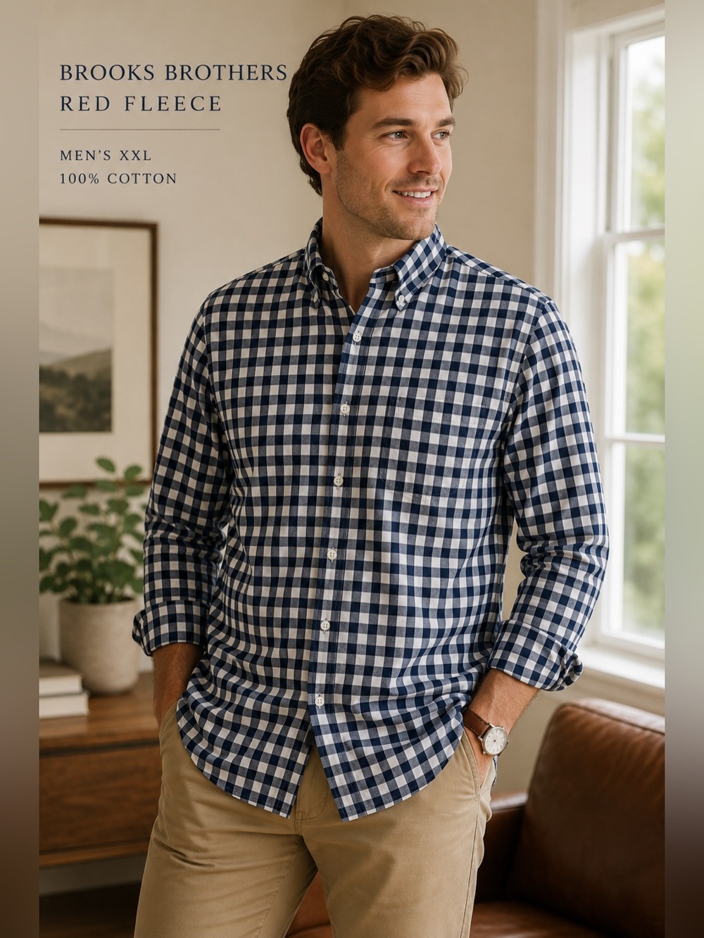 Brooks Brothers Red Fleece Men’s XXL Navy White Gingham Check Cotton Shirt